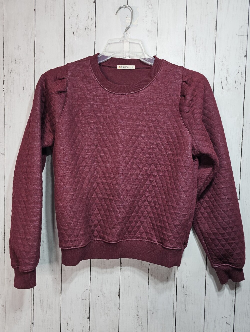 Marine Layer Women's Corbet Quilted Puff Sleeve Crewneck in Merlot Size Medium. - Picture 3 of 9